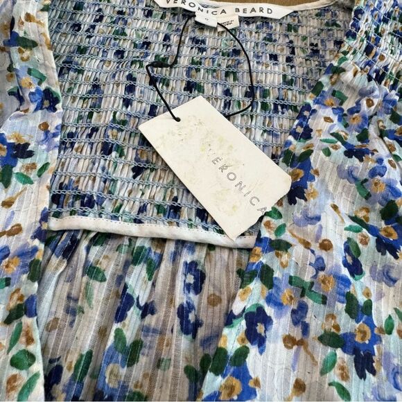 Veronica Beard Darrah Smocked Dress‎ Size 0 Floral Minidress V-Neck Ruffle Hem - Picture 8 of 14
